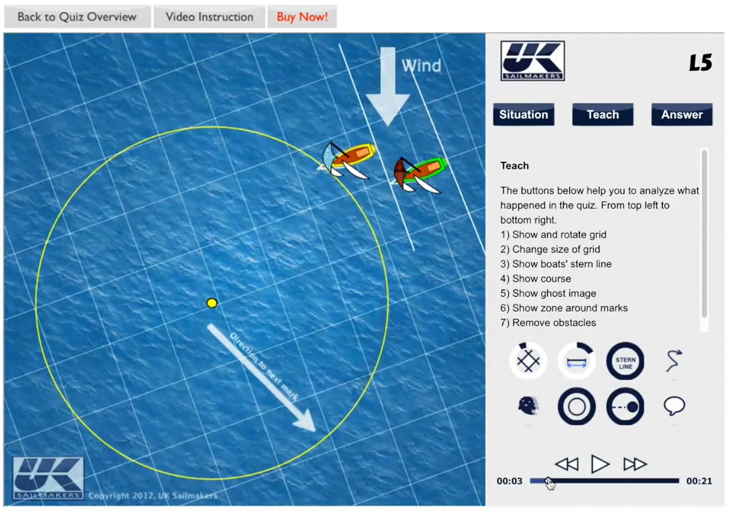 UK Sailmakers Rules Quiz program screenshot: windward-mark zone diagram with Situation, Teach and Answer buttons