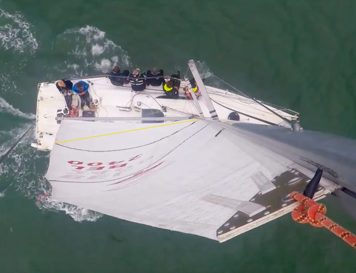 Masthead view down onto a grey mainsail showing its camber and yellow draft stripe, crew in the cockpit below