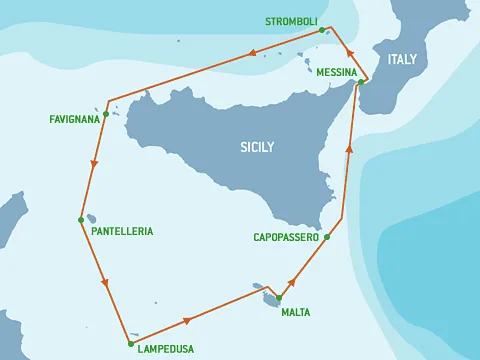 Course map of the Middle Sea Race around Sicily via Messina, Stromboli, Favignana, Pantelleria and Lampedusa from Malta
