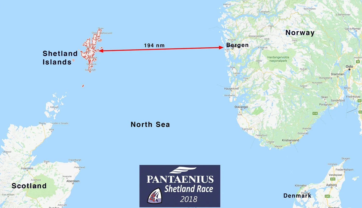 North Sea map with a red 194 nm arrow from Bergen, Norway to the Shetland Islands for the Pantaenius Shetland Race 2018