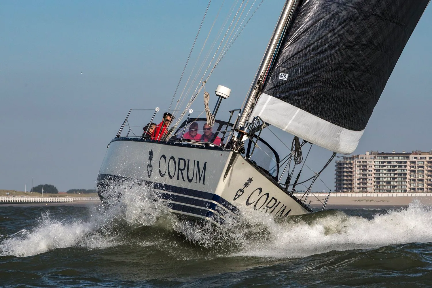 NINIX with her X-Drive roller/furling genoa partially reefed.
