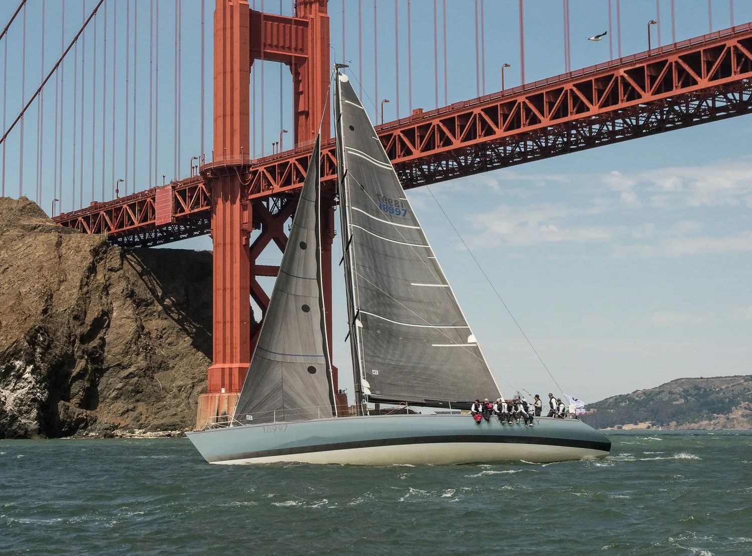 Santa Cruz 70 WESTERLY sailing under the Golden Gate Bridge with grey sails, crew on the rail, start of the 2018 Pacific Cup