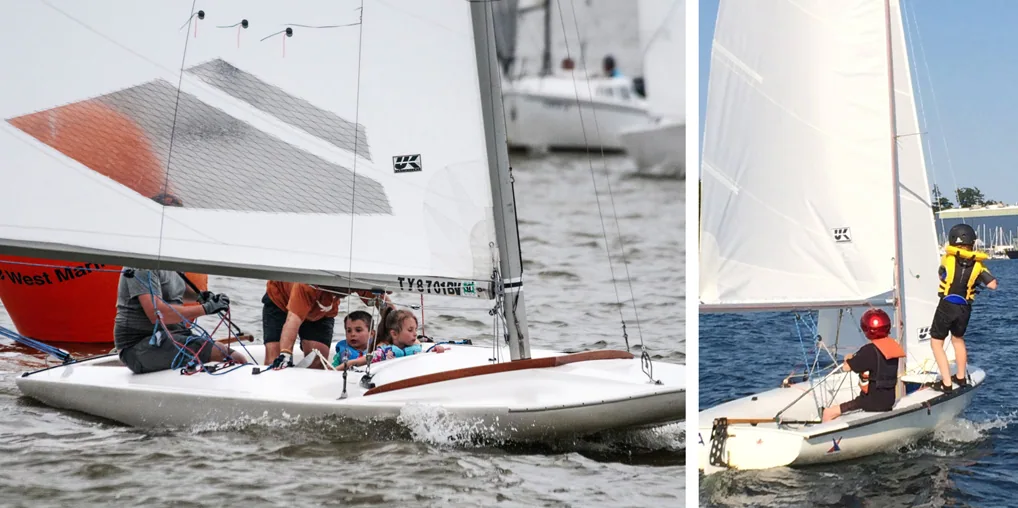 Two photos: kids and adults sailing a small racing boat with a UK Sailmakers mainsail, and two children in a 420 dinghy