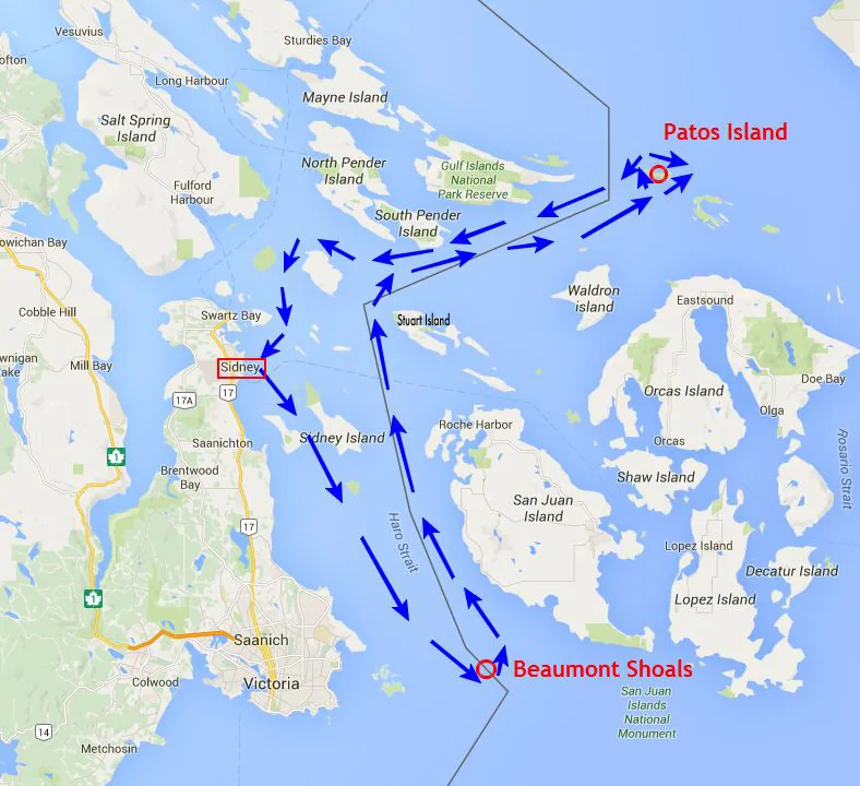 Map of the Patos Island Classic long course with blue arrows from Sidney around Patos Island and Beaumont Shoals