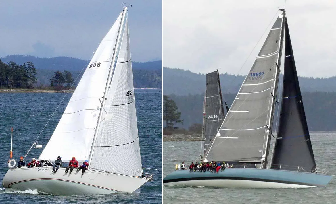 Two photos: white sloop 888 heeled hard and overpowered beside a light blue sloop sailing flatter under grey sails