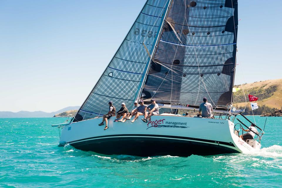 ANGER MANAGEMENT sailing on turquoise water, six crew sitting on the rail under grey mainsail and genoa