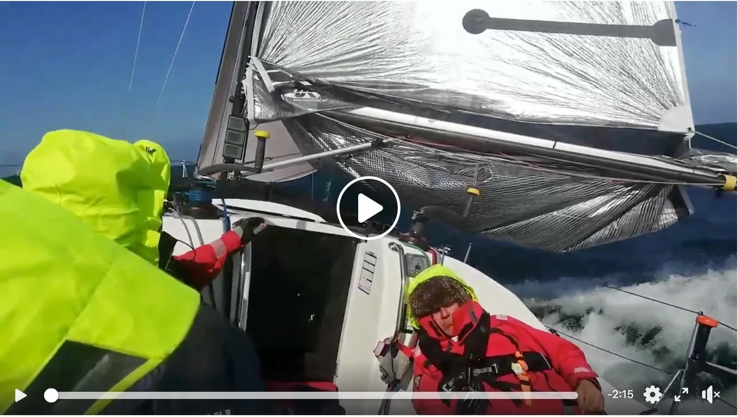 Video still from BETTY BOOP's cockpit in a gale, crew in yellow and red gear with a headsail flogging overhead