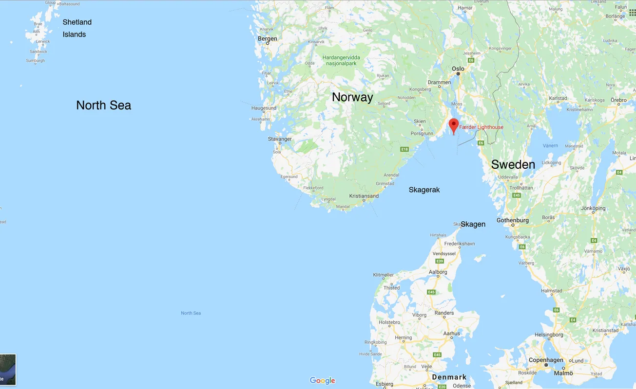 Map of the Skagerrak between Norway, Sweden and Denmark with a red pin near the Oslofjord entrance