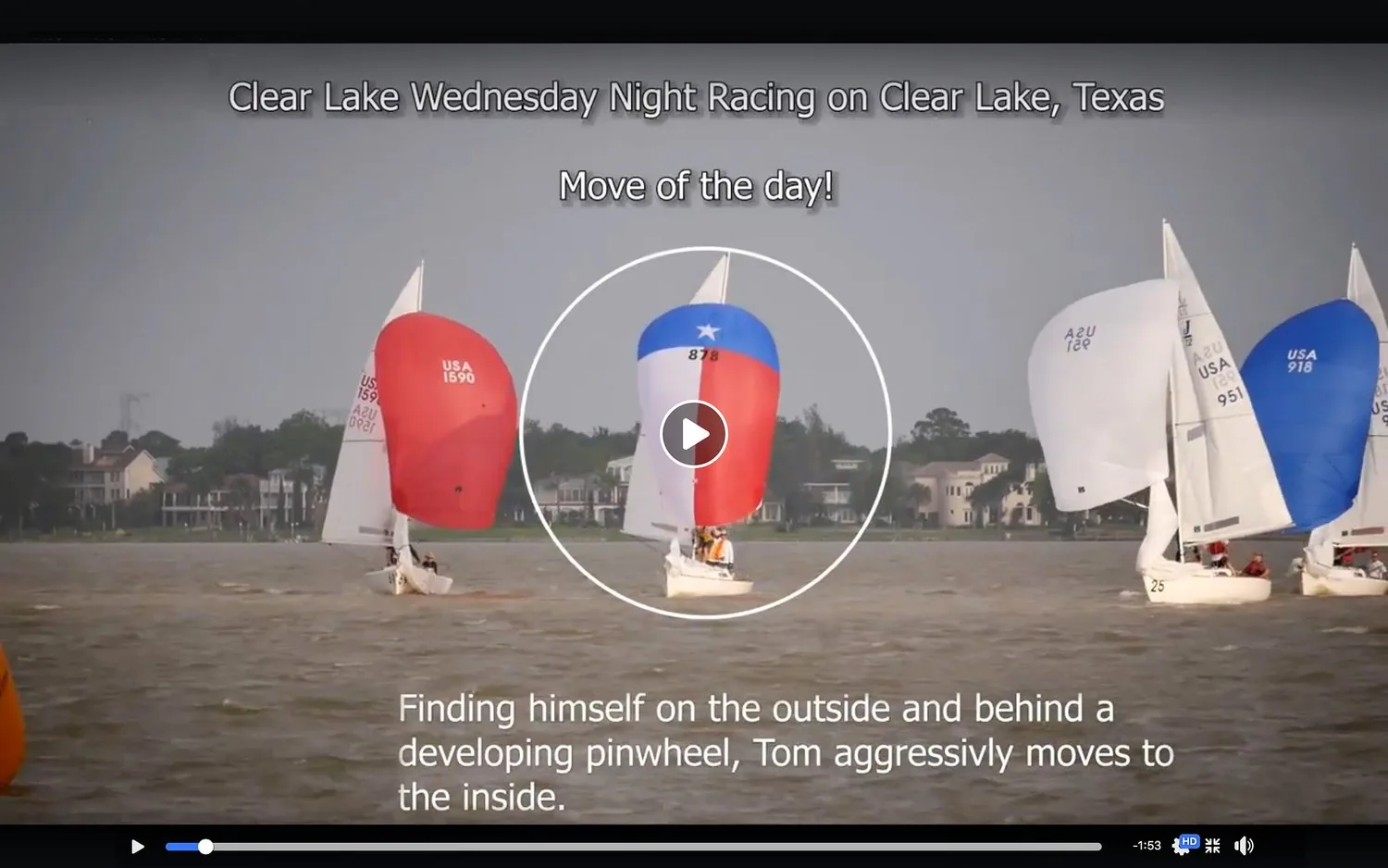 Video still of sportboats under red, white and blue spinnakers at Clear Lake, Texas, captioned 'Move of the day'