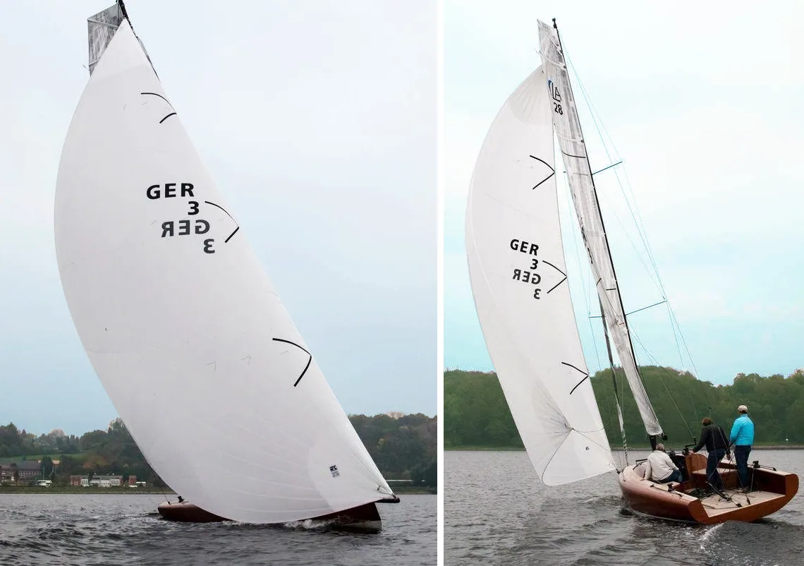 Two views of a white EasyFurl Code D with straight luff on a Berckemeyer LA28, GER 3, one full and one being rolled up