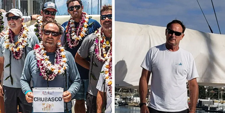 Two photos: the CHUBASCO crew in flower leis behind an 'Aloha! CHUBASCO' sign, and Jim Lincoln on deck in sunglasses