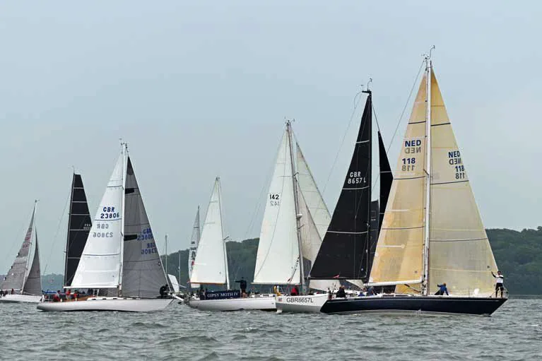 Swan 36 FINOLA, GBR 23806, and cream-sailed S&S 41 WINSOME, NED 118, among yachts on the 2019 RORC Channel Race start line