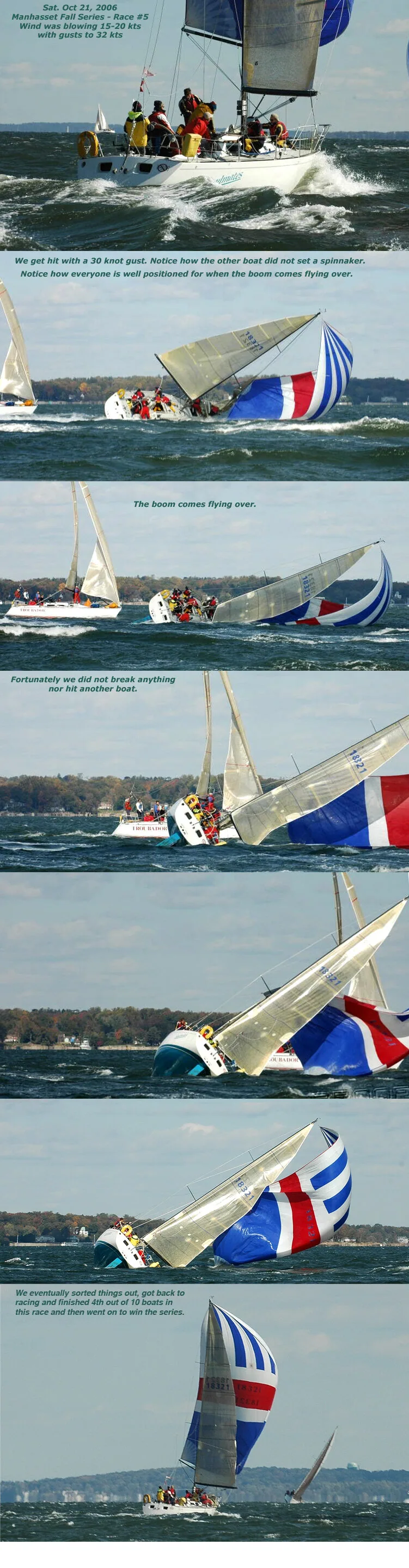 Seven-frame sequence of a 2006 Manhasset Fall Series gybe broach under a red, white and blue spinnaker, boom flying over