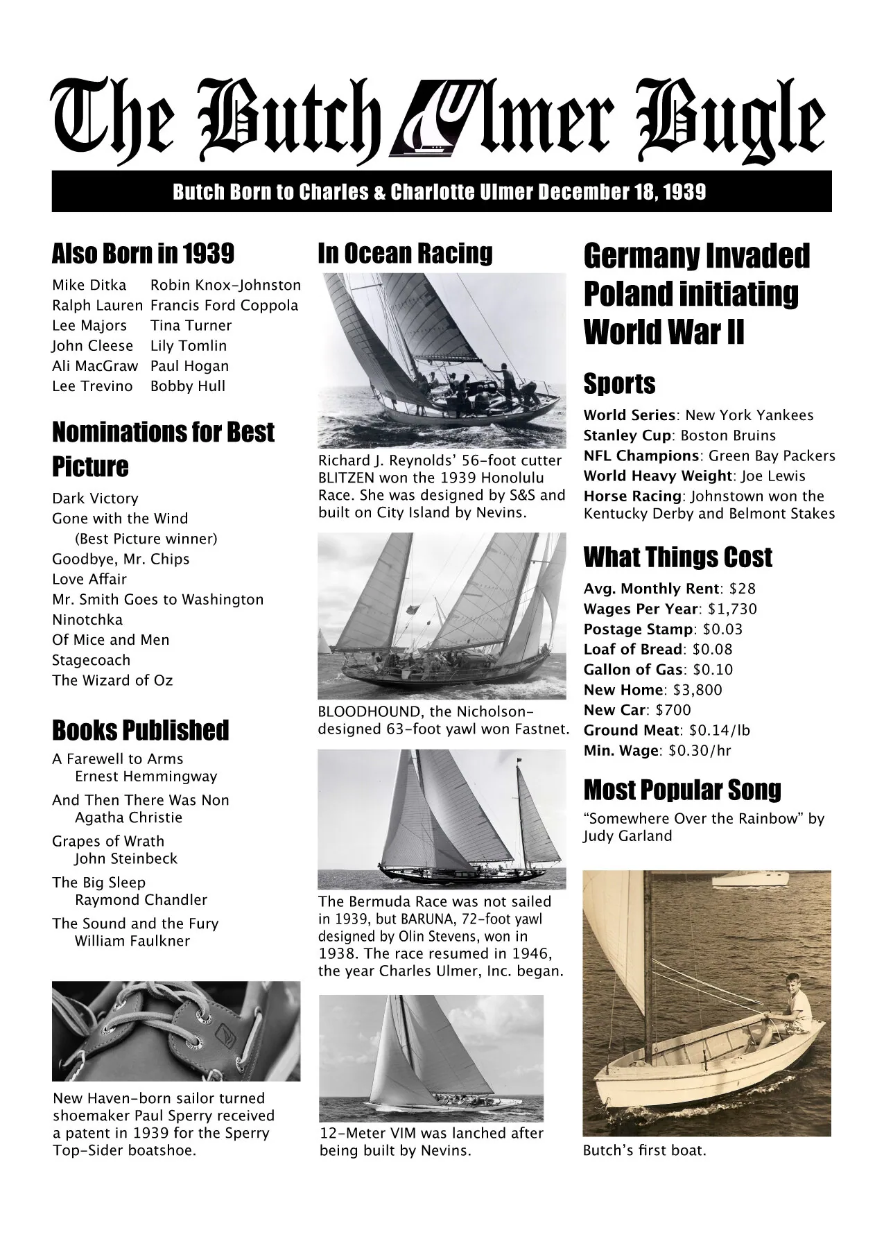 Mock newspaper front page 'The Butch Ulmer Bugle' marking his birth on December 18, 1939, with 1939 trivia and yacht photos