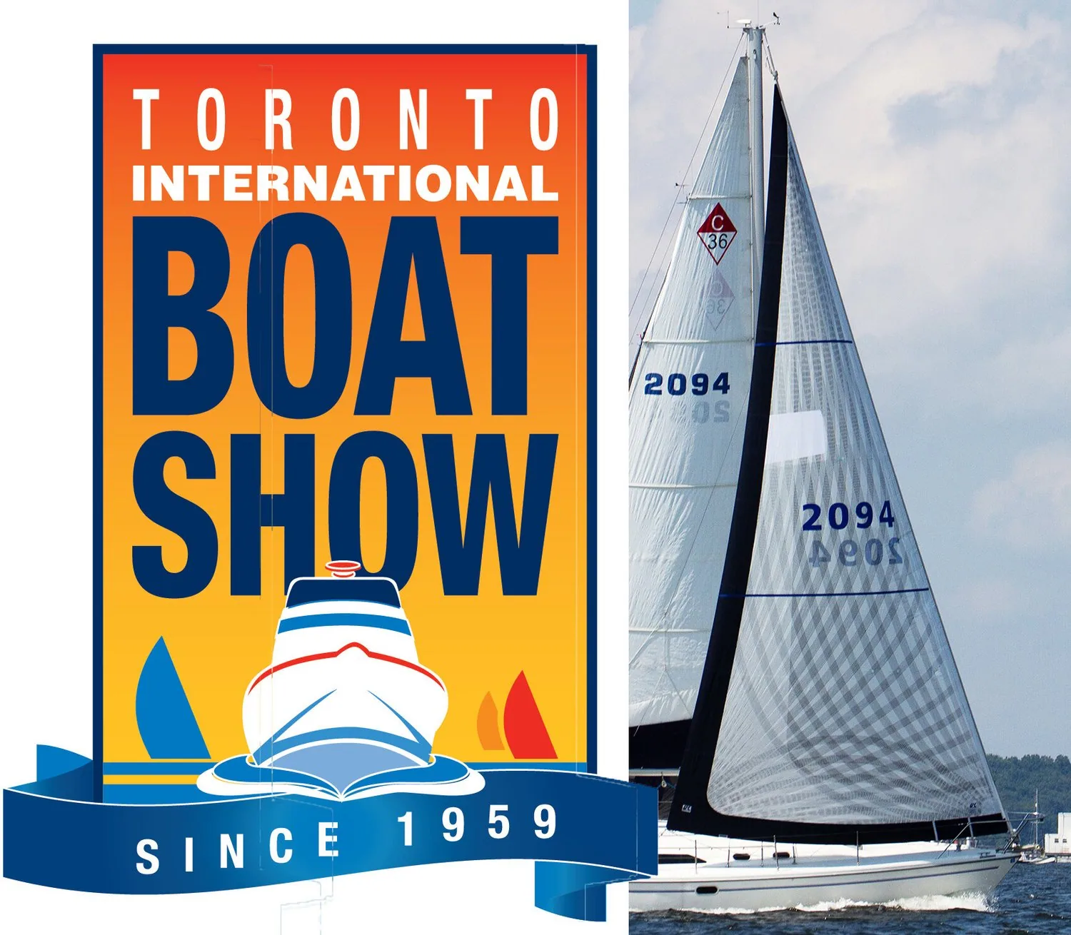 Toronto International Boat Show poster beside a sloop, sail number 2094, flying a grey laminate genoa and main