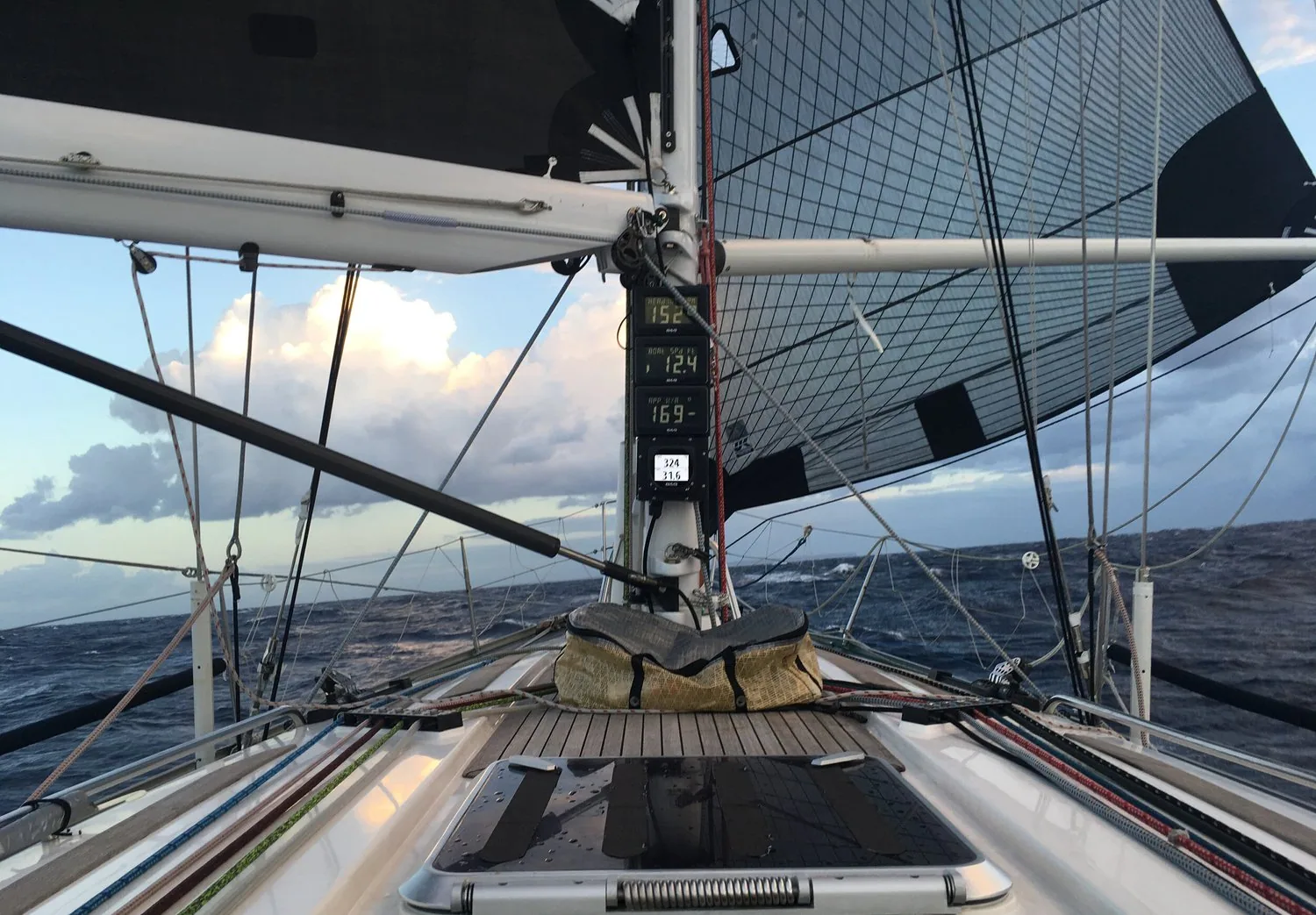 TRIPLE LINDY's No. 4 jib poled out to windward dead downwind, mast display showing 12.4 knots of boatspeed