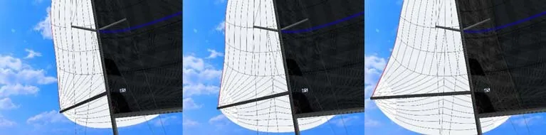 Three-frame strip of a white spinnaker beside the mainsail, comparing spinnaker pole fore-and-aft positions