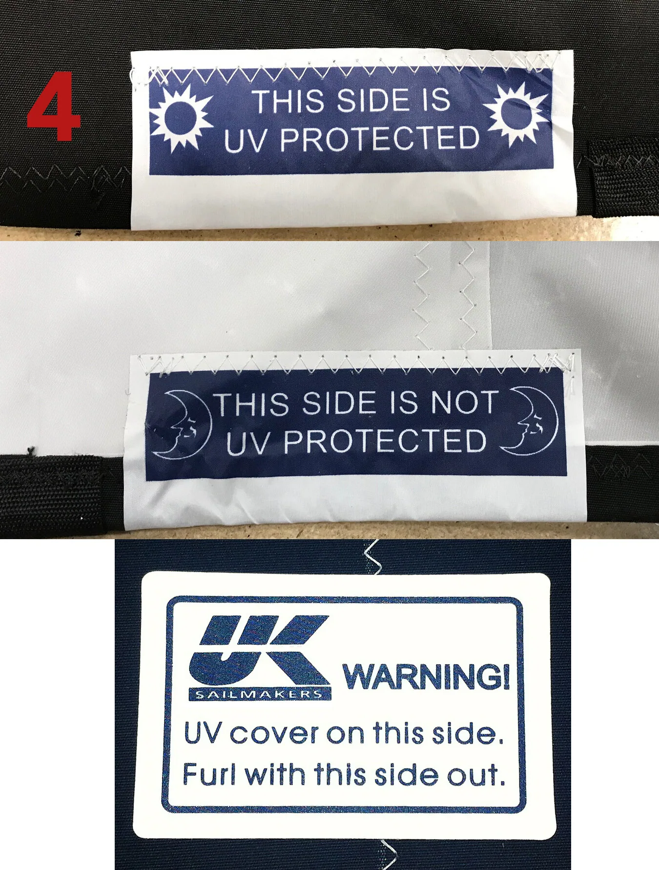 Three sail labels: 'This side is UV protected', 'This side is not UV protected' and 'Furl with this side out'