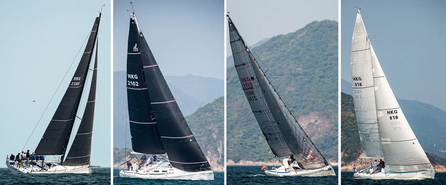 Four-panel composite of racing yachts with HKG sail numbers beating under black and white sails past green hills