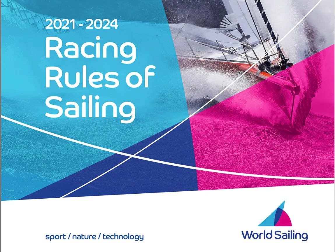 Cover of the World Sailing 2021–2024 Racing Rules of Sailing in teal, blue and magenta