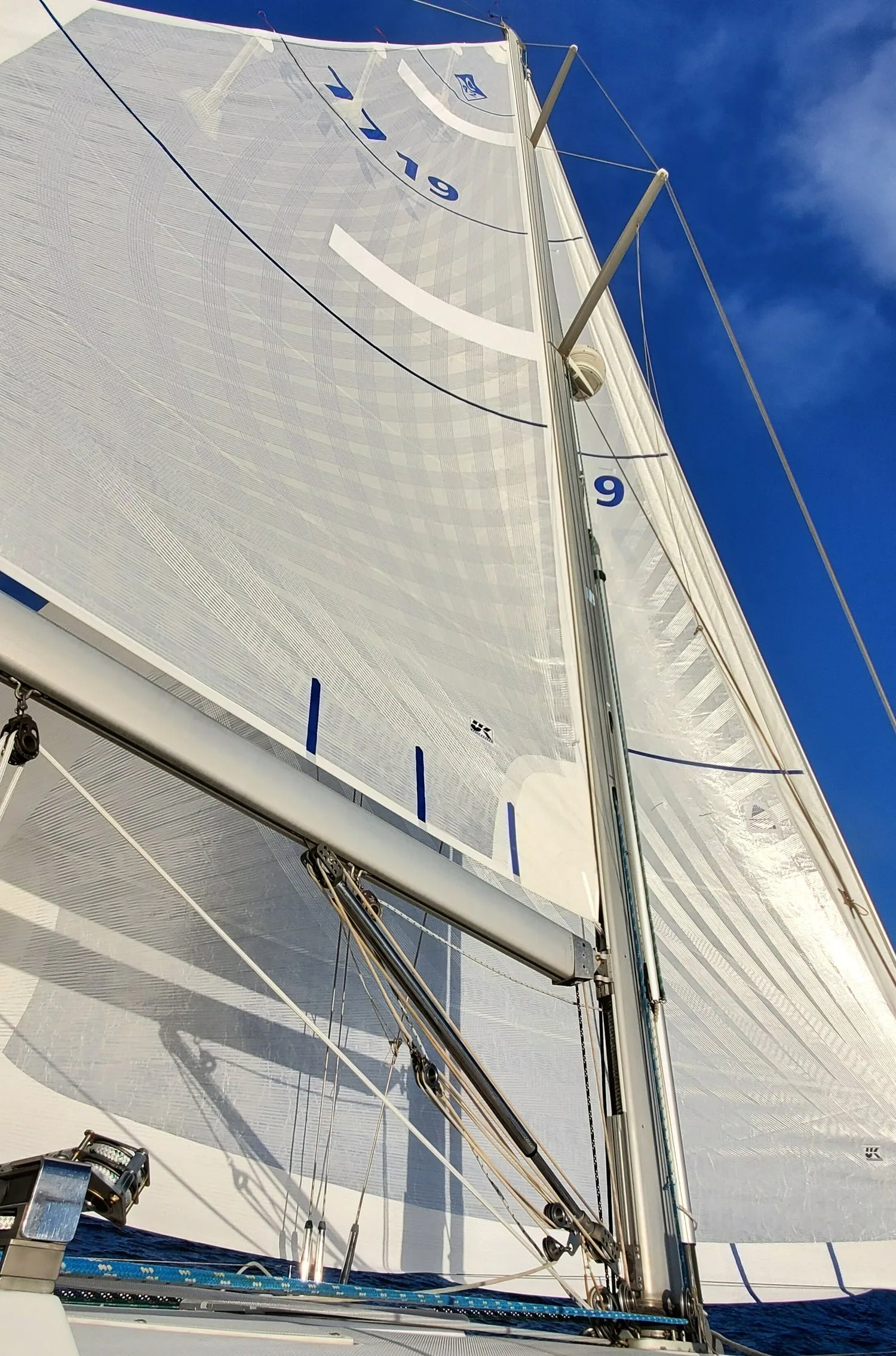 White X-Drive® Endure roller-furling mainsail with vertical battens, sail number 7719, seen from the deck