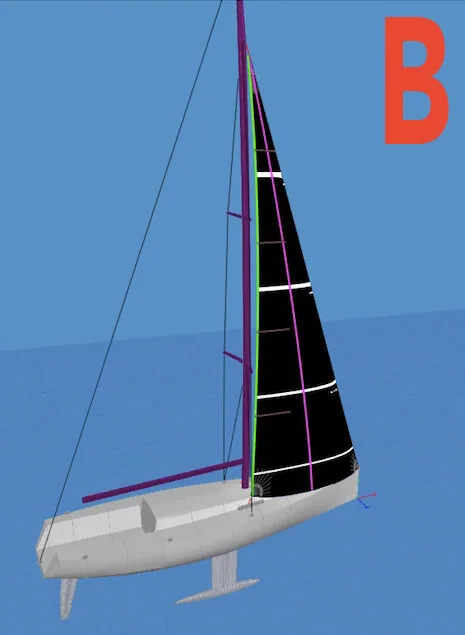 Photo B: 3D sail-design render of a black headsail with luff and leech lines marked on a grey hull