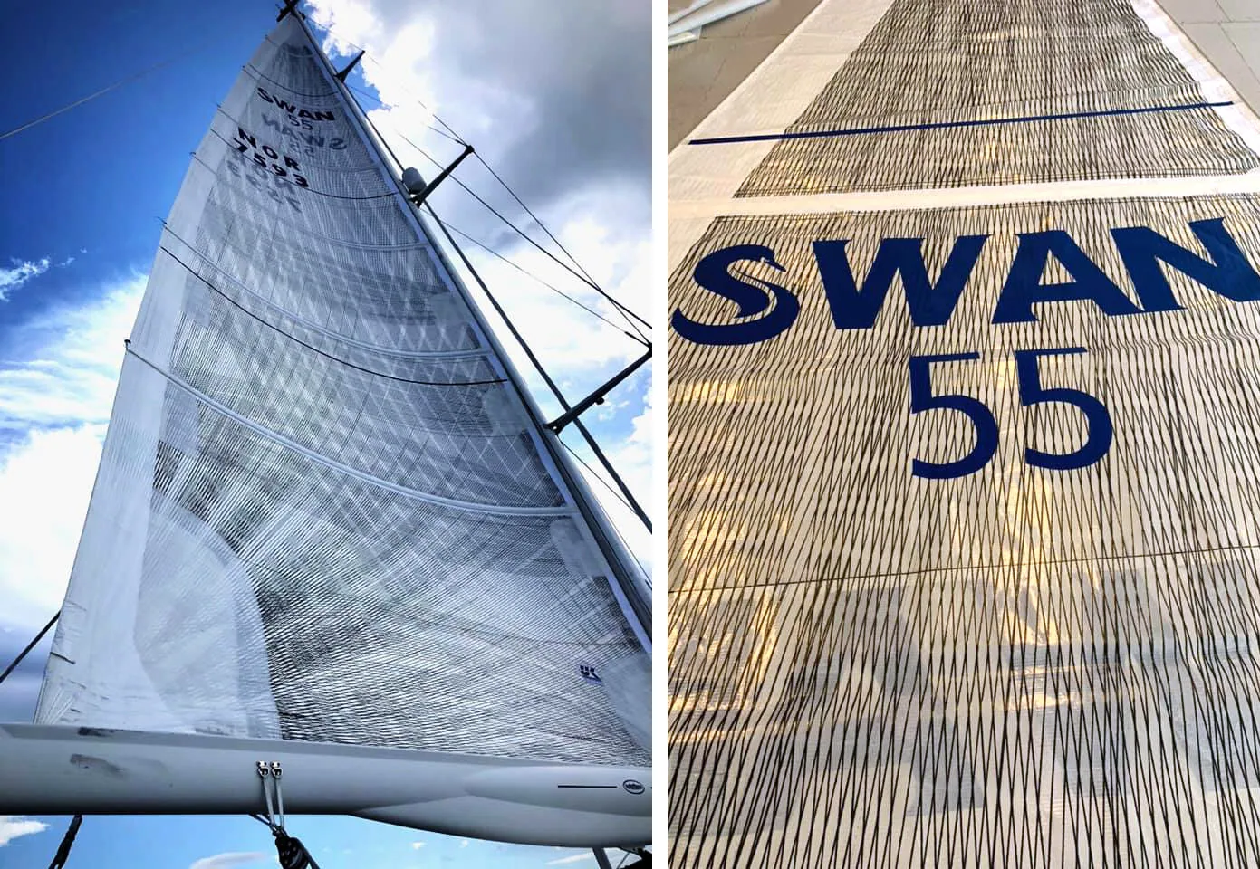 Swan 55 X-Drive® Carbon mainsail: looking up the sail, and a close-up of the SWAN 55 logo on the carbon tapes