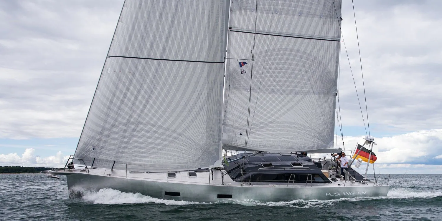 Berckemeyer 53 sailing under grey X-Drive® Carbon mainsail and genoa, German ensign at the stern