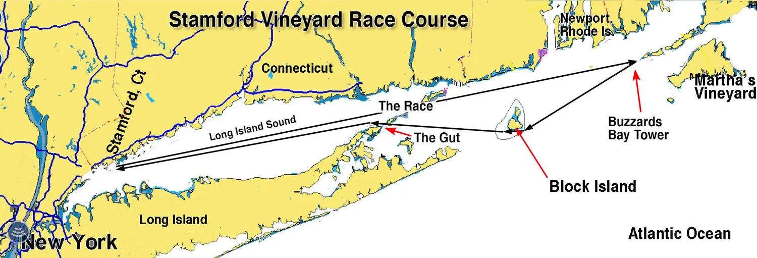 Map of the Vineyard Race course: Stamford, CT down Long Island Sound to Buzzards Bay Tower and back past Block Island