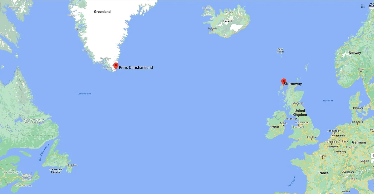 Map of the North Atlantic marking Prins Christiansund, Greenland, and Stornoway, Scotland