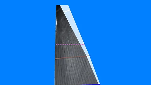 Rendering of a wide-head mainsail top against a blue background, red lines marking the upper girth measurement