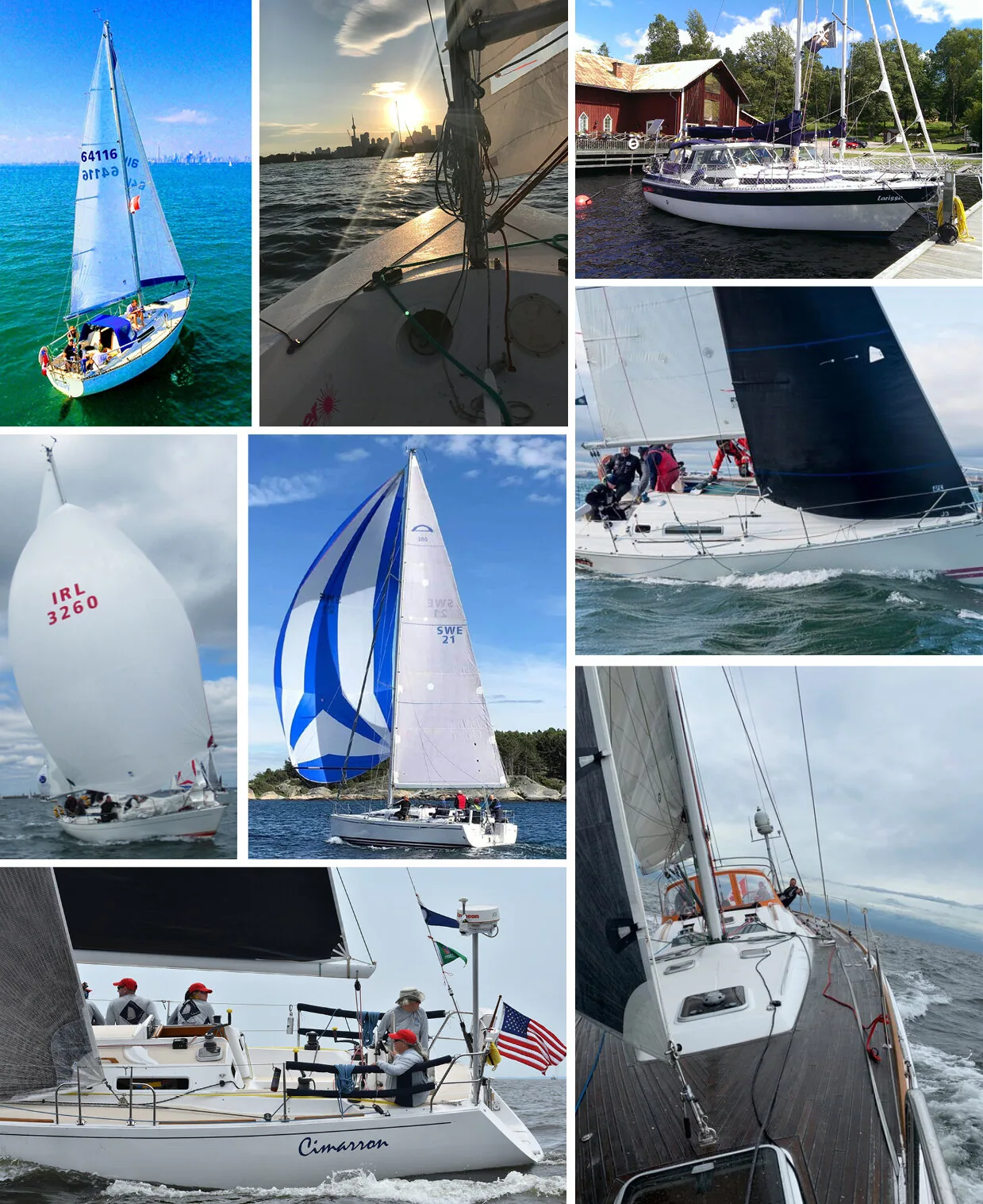 Collage of eight boats: spinnaker runs, a cruiser at a red boathouse, IRL 3260 and CINNARRON under sail, a sunset cockpit