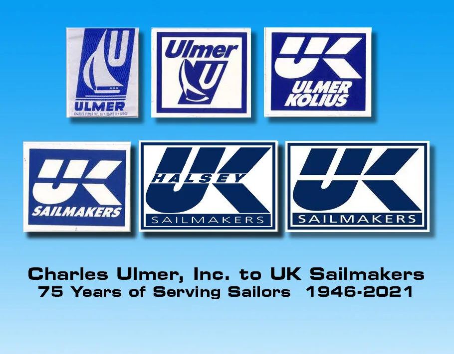 Six logos from Ulmer to UK Sailmakers, captioned 'Charles Ulmer, Inc. to UK Sailmakers, 75 Years of Serving Sailors'