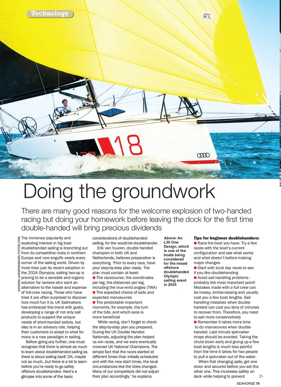 Seahorse magazine 'Technology' page headed 'Doing the groundwork' on doublehanded racing, L30 under yellow spinnaker above