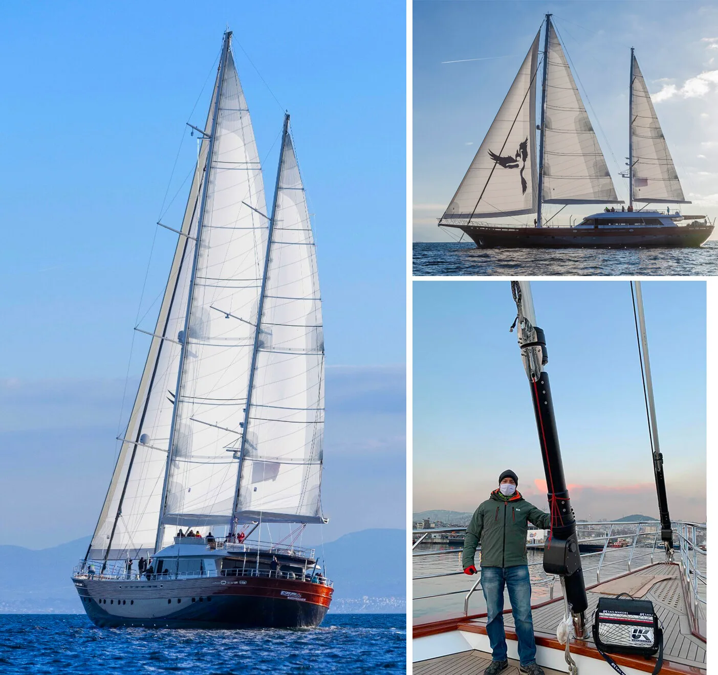 Composite: dark-hulled two-masted superyacht under white Dacron sails, at dusk, and a man beside her boom furler on deck