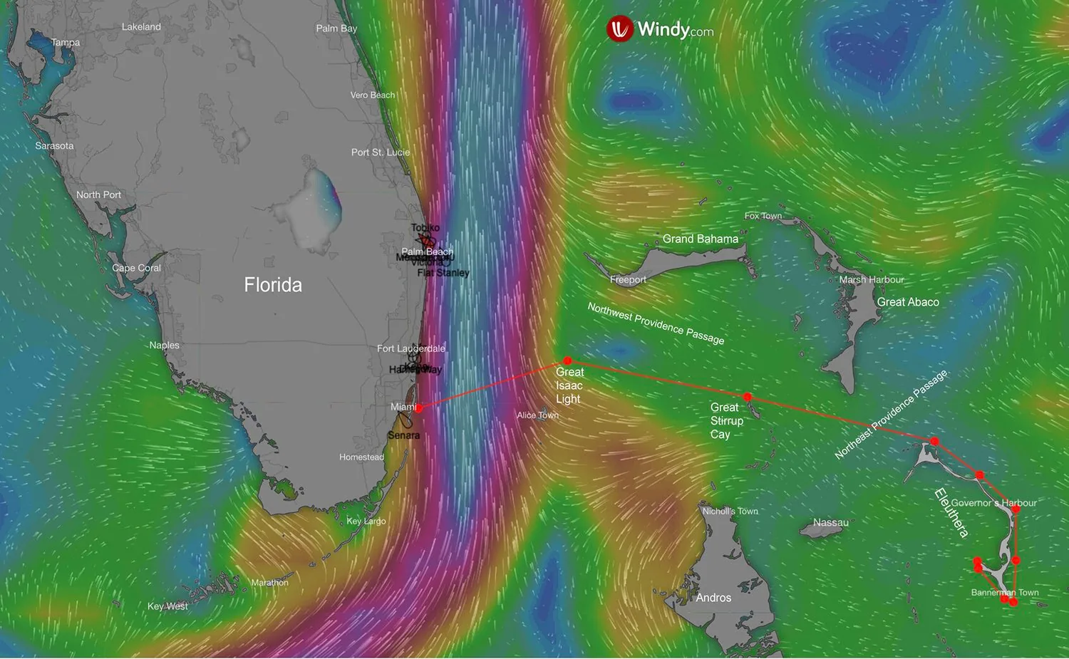 Windy.com map of Gulf Stream wind and current between Florida and the Bahamas with the Miami to Eleuthera course in red