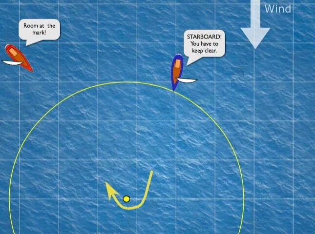 Rules diagram: port and starboard boats entering the zone at a leeward mark, one calling room, the other starboard
