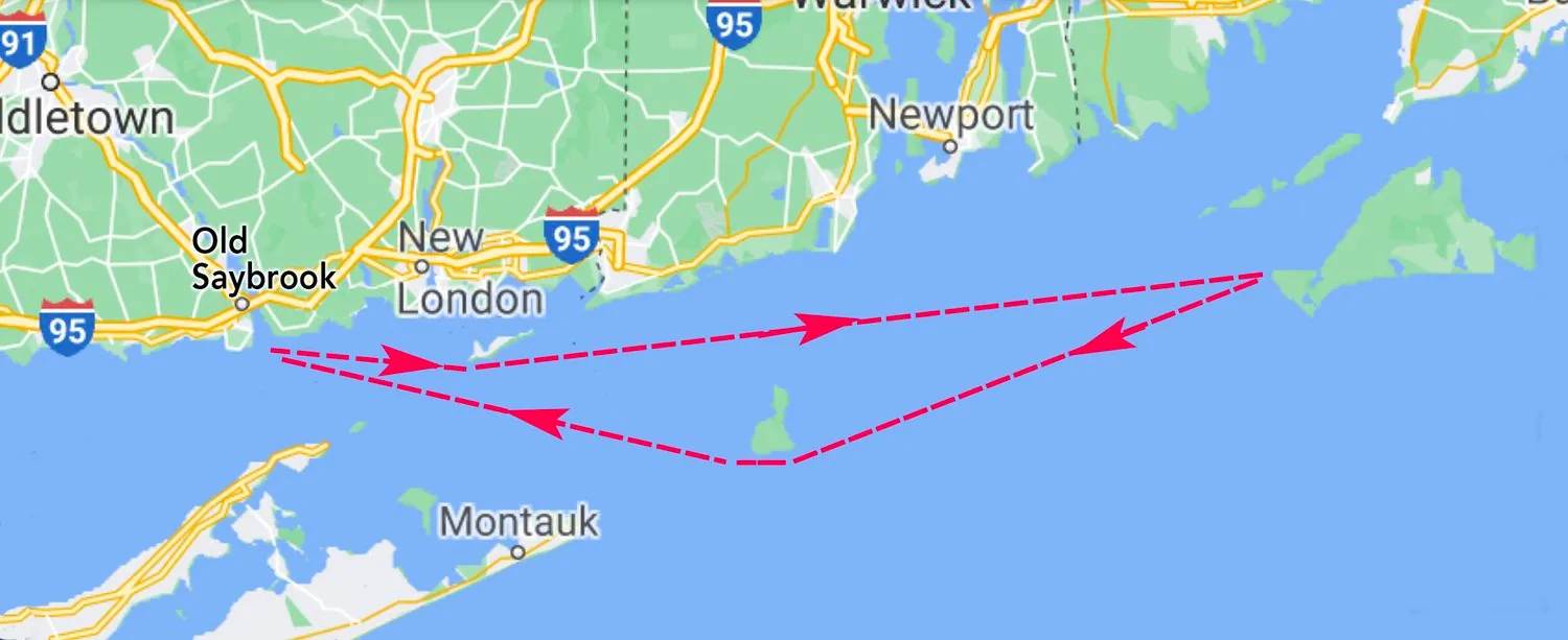 Course map for the Sam Wetherill Race: from the Connecticut shore east to Block Island and back along Long Island Sound