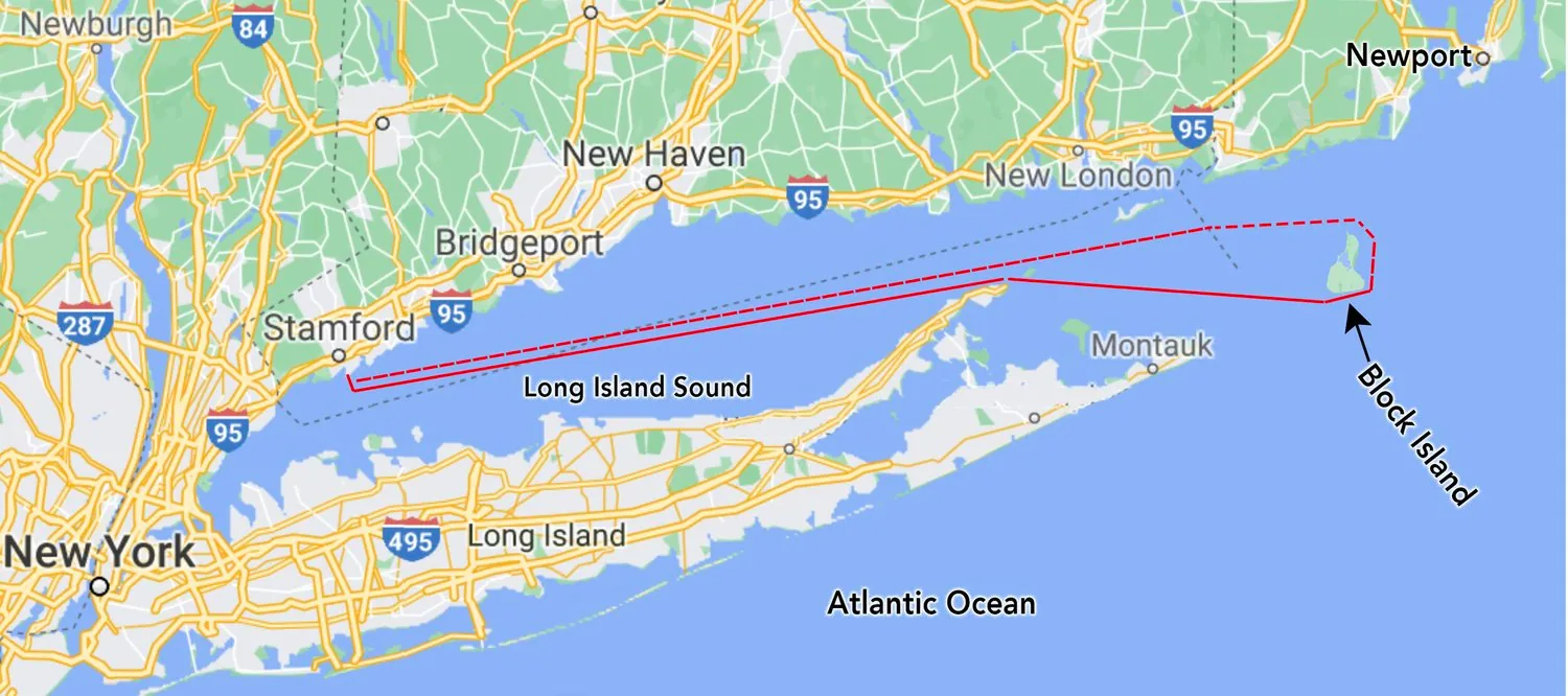 Course map for the Block Island Race: from Stamford down Long Island Sound, around Block Island and back