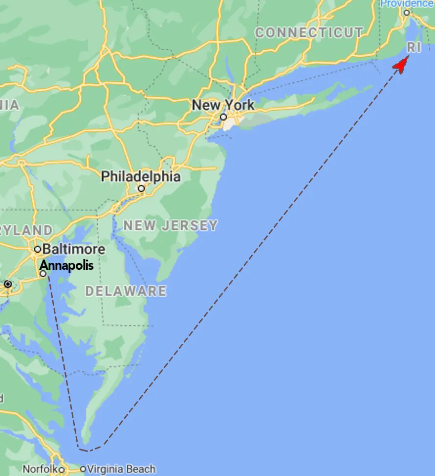 Course map for the Annapolis to Newport Race: down Chesapeake Bay, out past Virginia Beach and up the coast to Newport