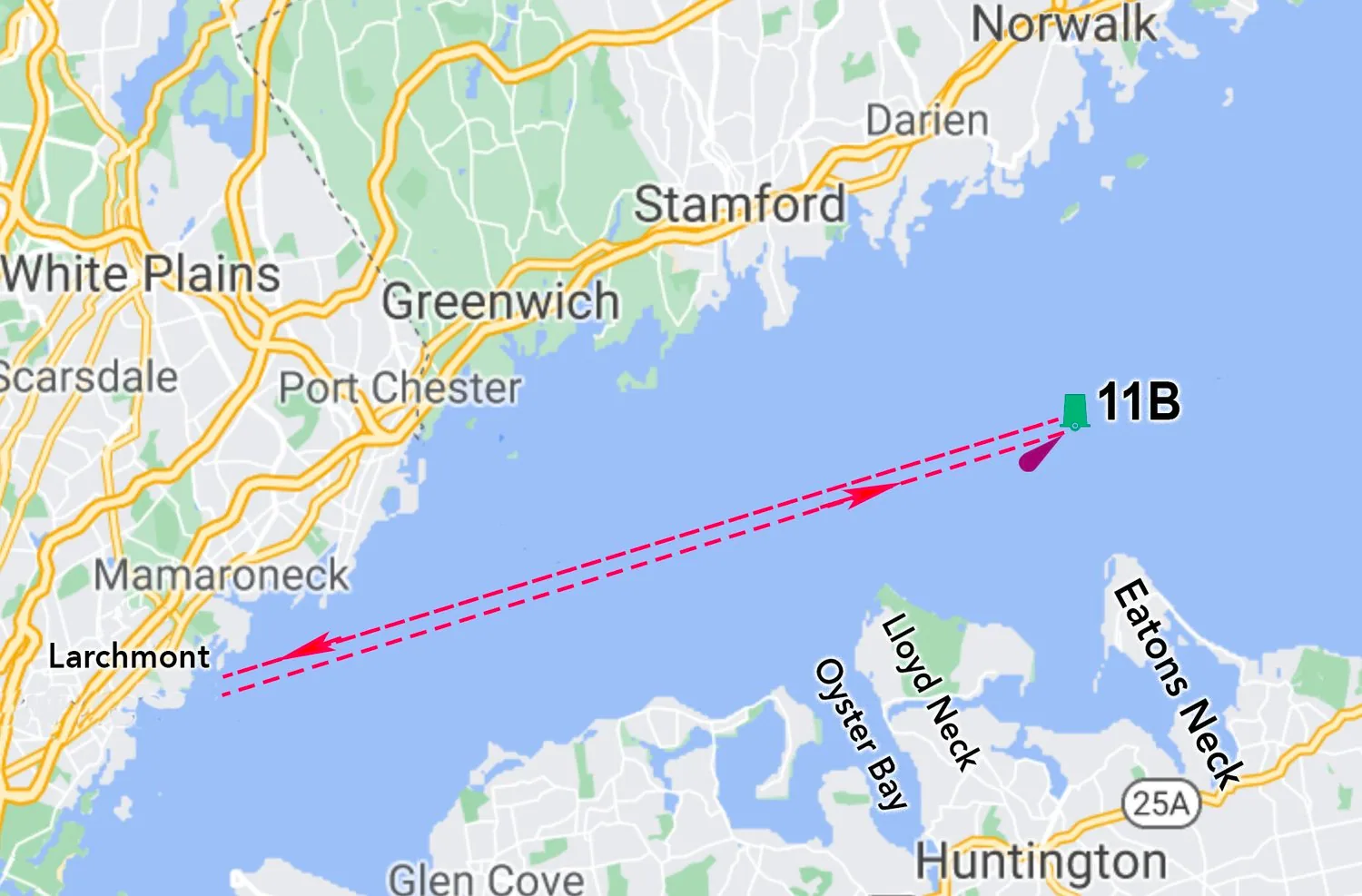 Course map for the Edlu Race: out and back from Larchmont to buoy 11B off Eatons Neck on Long Island Sound