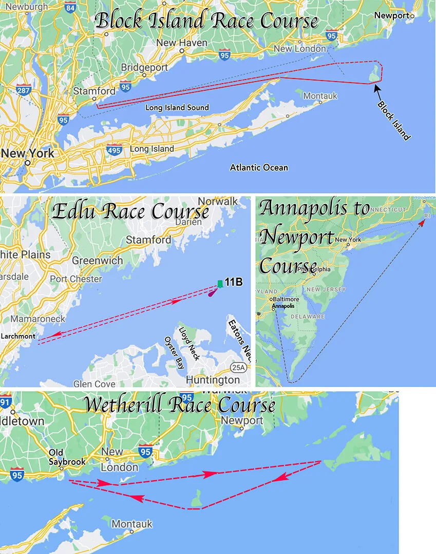 Composite of four course maps: Block Island Race, Edlu Race, Annapolis to Newport and Wetherill Race