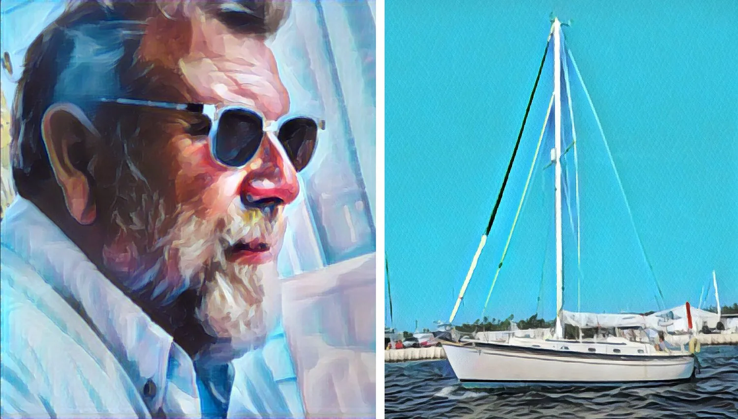 Stylised two-panel image: a bearded sailor in sunglasses beside his white long-keel yacht at anchor