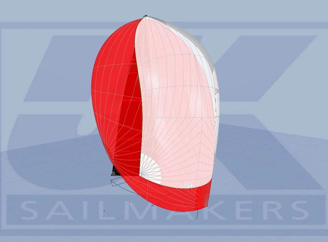 Sail-design rendering of a red and white asymmetric spinnaker viewed from leeward, UK Sailmakers watermark behind