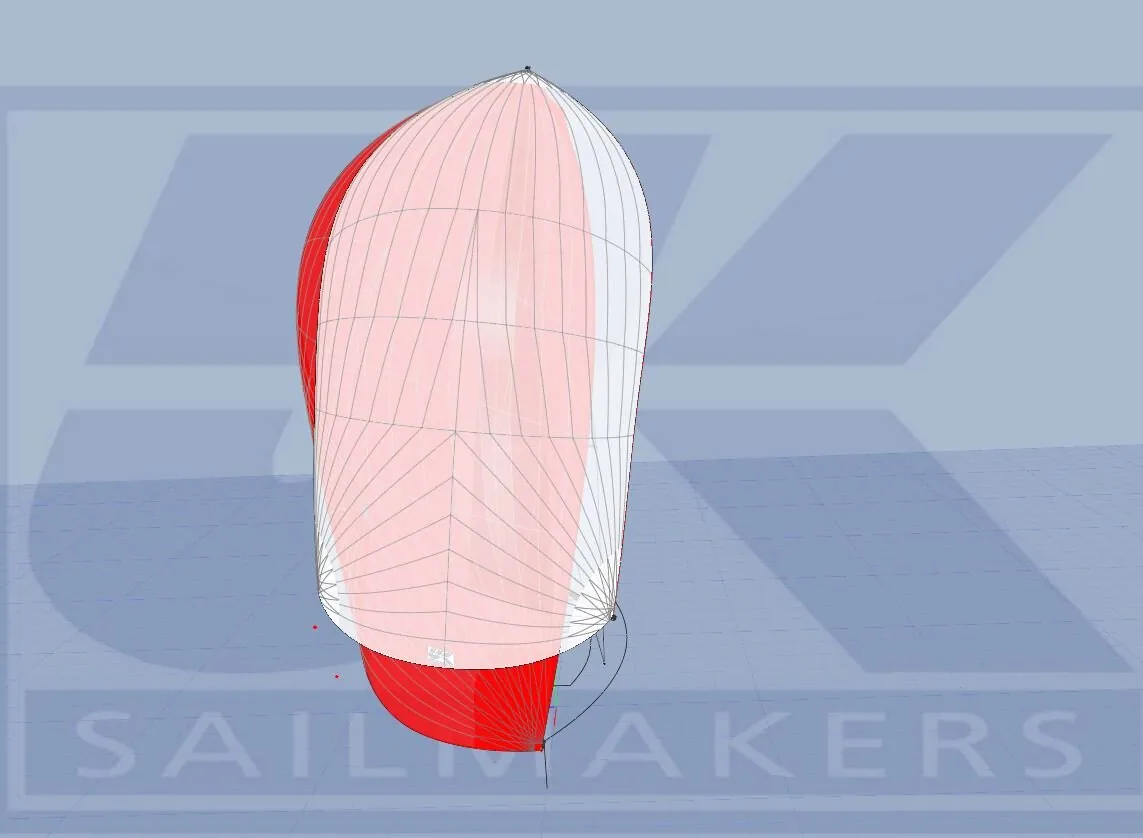 Sail-design rendering of a red and white asymmetric spinnaker seen from ahead, showing its full-shouldered shape