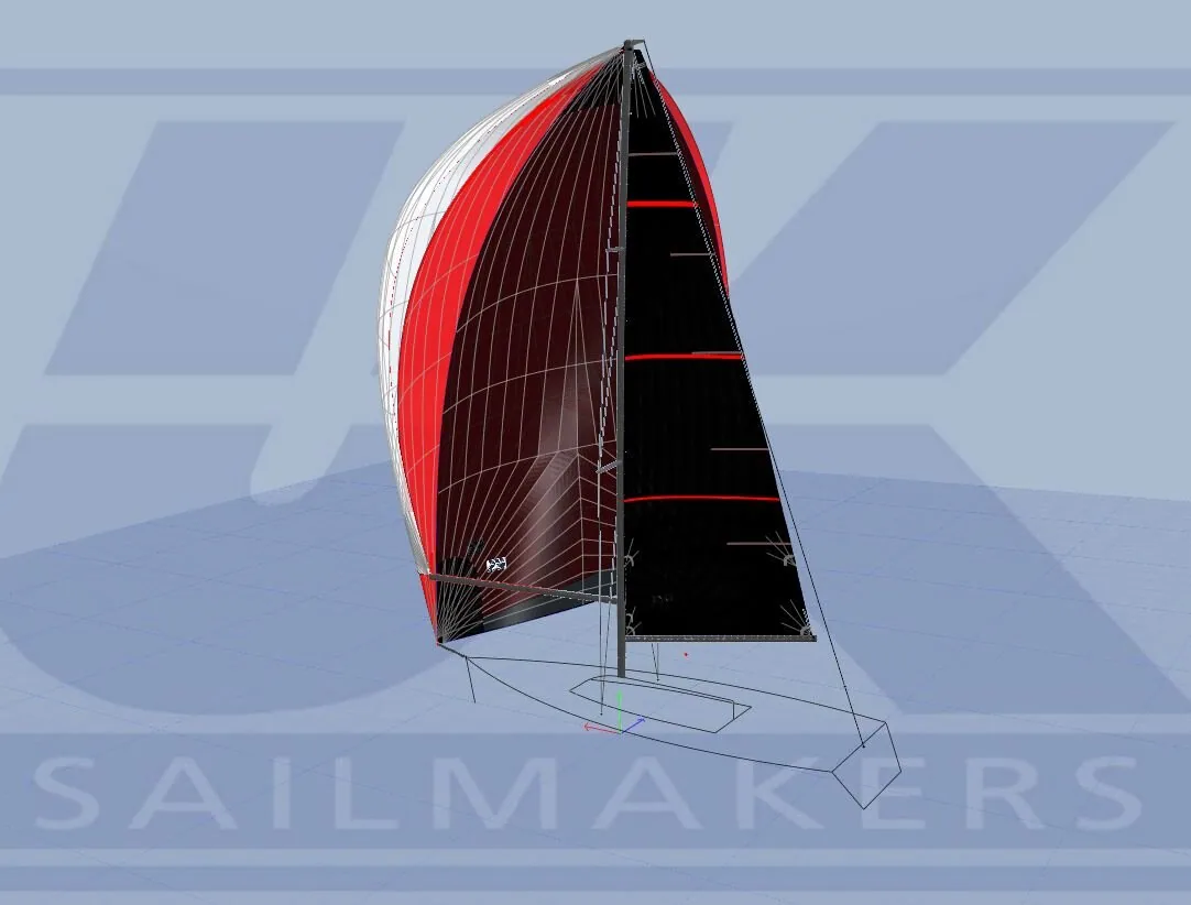 Rendering of a red and white asymmetric spinnaker flying alongside a black mainsail on a wireframe hull