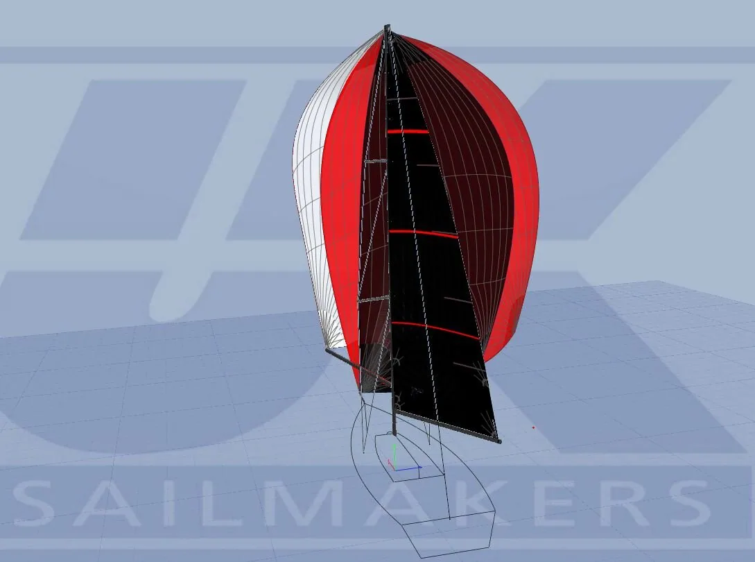 Rendering of a red and white asymmetric spinnaker and black mainsail seen from astern of a wireframe hull