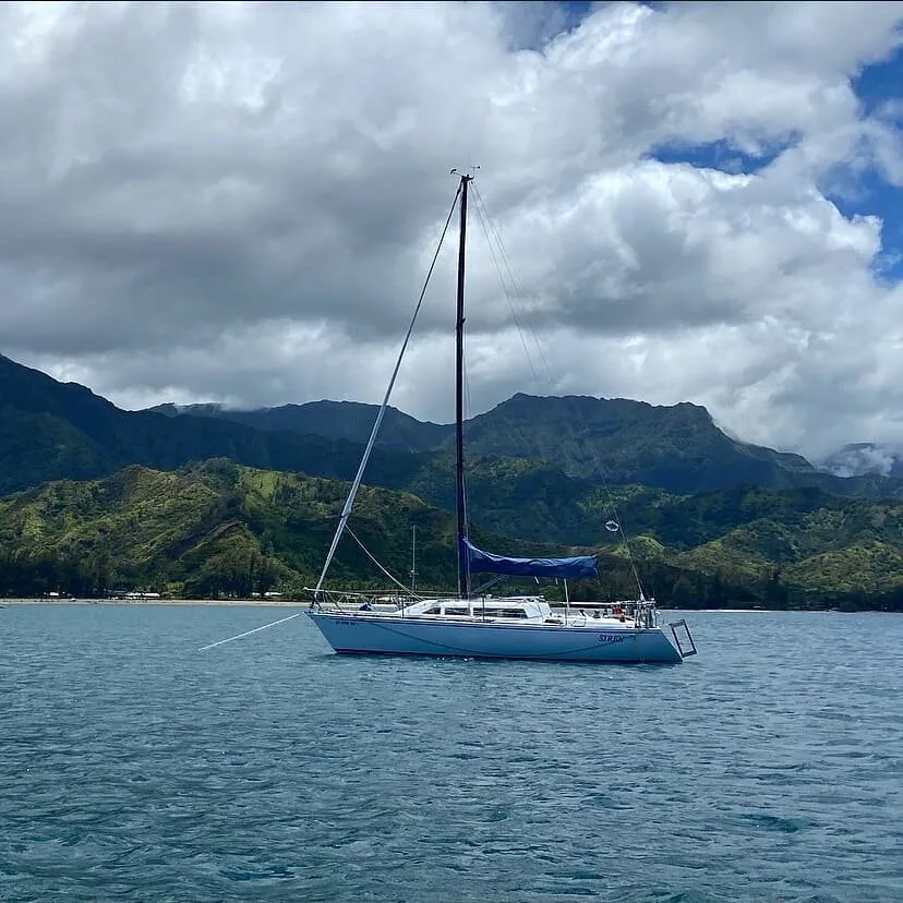 Sloop anchored in a calm bay with a blue mainsail cover, green mountains rising under heavy cloud behind