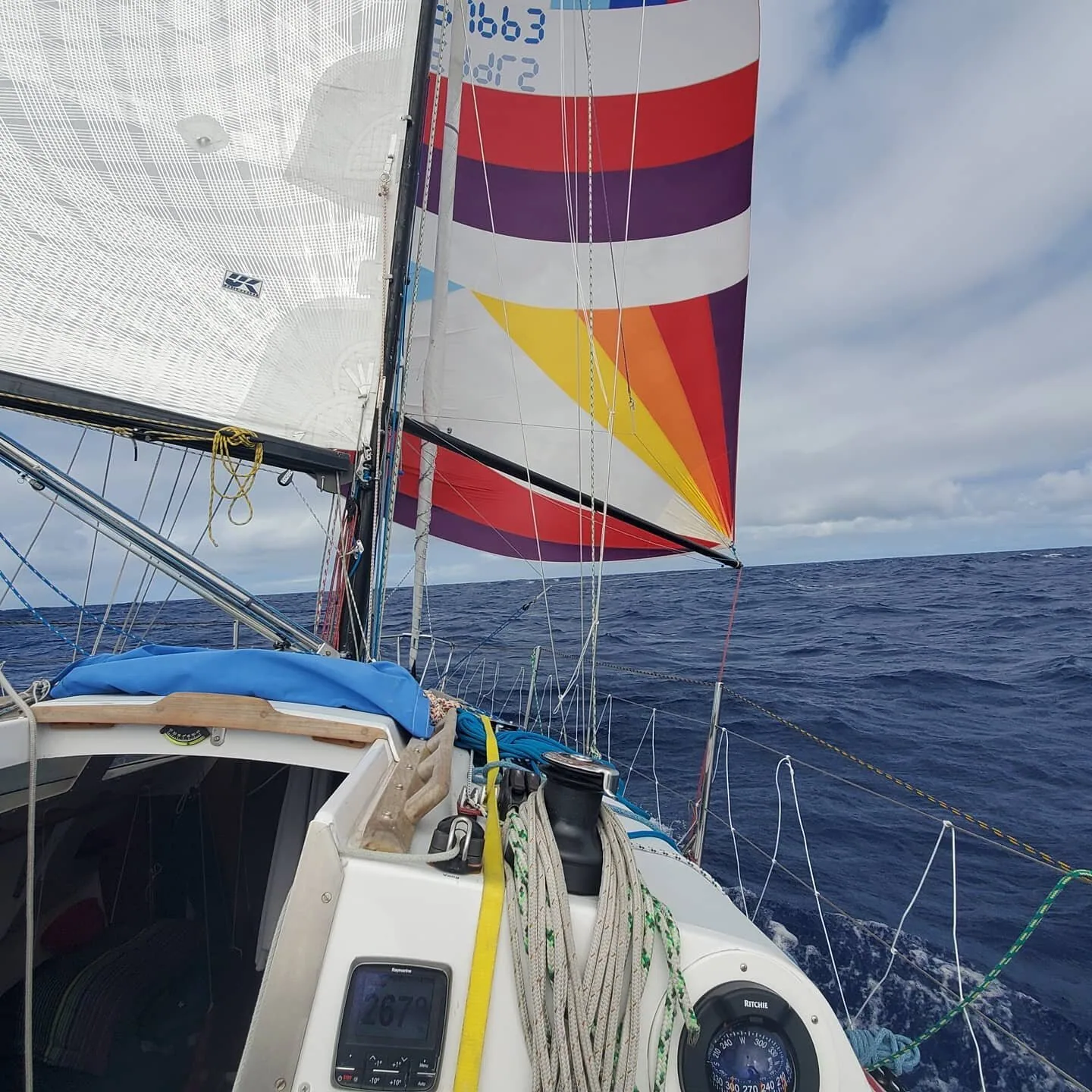 View forward from the cockpit under a red, purple and yellow spinnaker and white UK Sailmakers mainsail offshore
