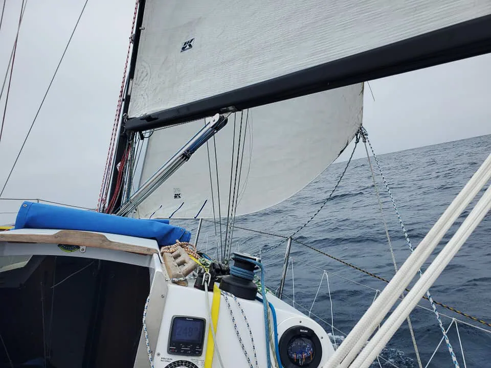 Siren's white X-Drive® Silver mainsail and jib seen from the cockpit under a grey overcast sky